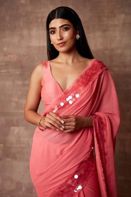 Neeta Lulla_Pink Chiffon Embellished Sequin Leaf Neck Rosei Border Saree With Blouse_Online_at_Aza_Fashions
