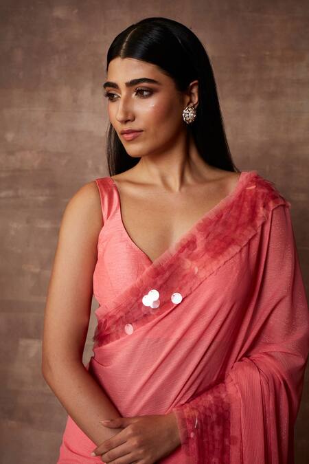 Buy_Neeta Lulla_Pink Chiffon Embellished Sequin Leaf Neck Rosei Border Saree With Blouse_Online_at_Aza_Fashions