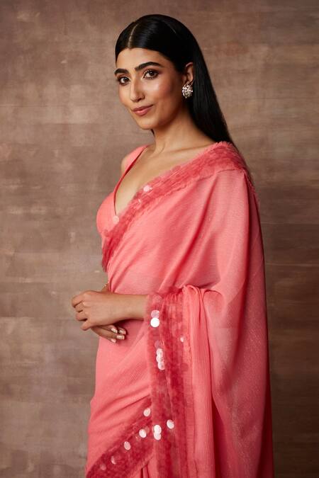 Shop_Neeta Lulla_Pink Chiffon Embellished Sequin Leaf Neck Rosei Border Saree With Blouse_Online_at_Aza_Fashions