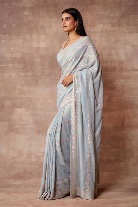 Neeta Lulla_Blue Georgette Embellished Sequin V Neck Luna Saree With Blouse_Online_at_Aza_Fashions