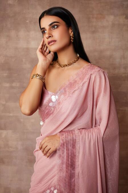 Neeta Lulla_Pink Chiffon Maeve Sequin Border Saree With Blouse_Online_at_Aza_Fashions