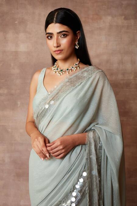 Neeta Lulla_Green Chiffon Embellished Sequin Leaf Neck Miranda Border Saree With Blouse_Online_at_Aza_Fashions