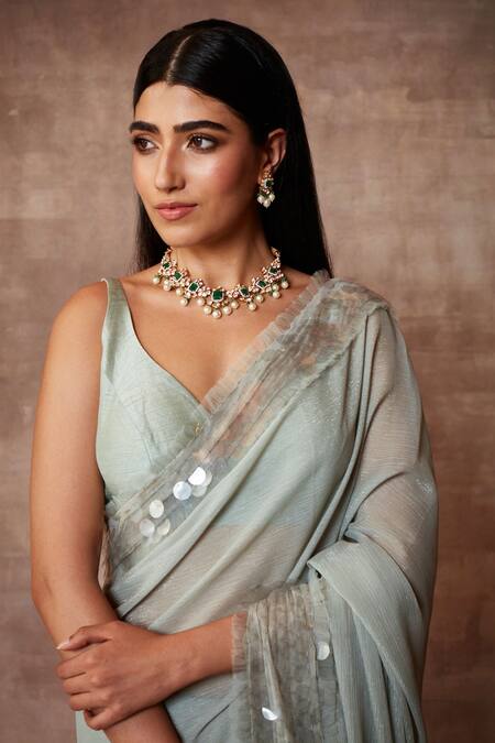Buy_Neeta Lulla_Green Chiffon Embellished Sequin Leaf Neck Miranda Border Saree With Blouse_Online_at_Aza_Fashions