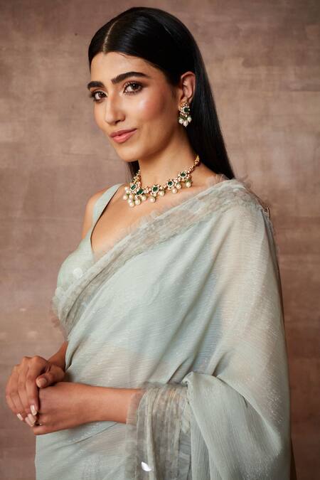 Shop_Neeta Lulla_Green Chiffon Embellished Sequin Leaf Neck Miranda Border Saree With Blouse_Online_at_Aza_Fashions