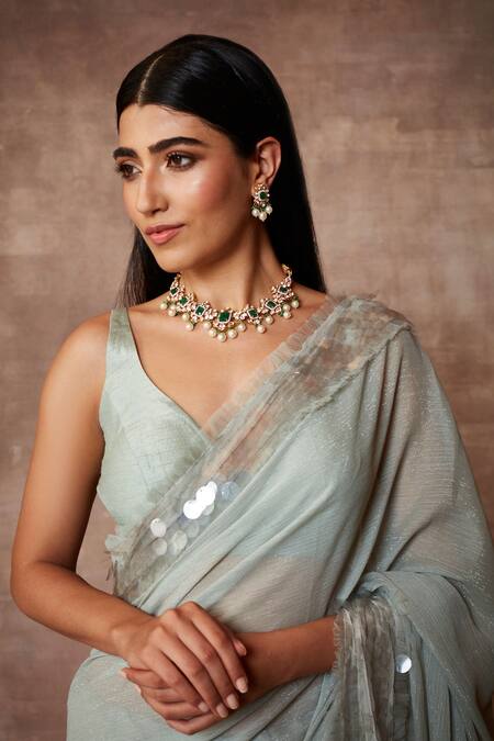 Neeta Lulla_Green Chiffon Embellished Sequin Leaf Neck Miranda Border Saree With Blouse_at_Aza_Fashions