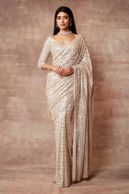 Neeta Lulla_White Tulle Embellished Sequin Leaf Neck Stardust Saree With Blouse _Online_at_Aza_Fashions