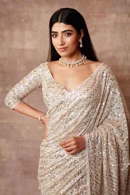 Neeta Lulla_White Tulle Embellished Sequin Leaf Neck Stardust Saree With Blouse _at_Aza_Fashions