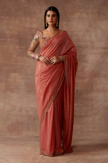Neeta Lulla_Orange Organza Leila Zari Border Saree With Blouse_Online_at_Aza_Fashions
