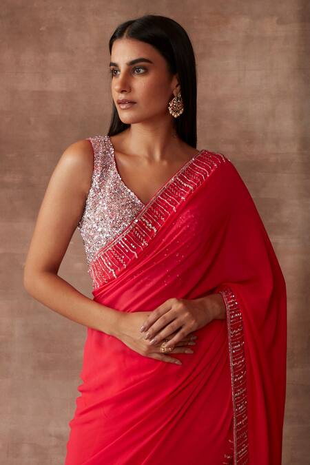 Neeta Lulla_Red Georgette Mia Sequin Border Saree With Blouse_Online_at_Aza_Fashions