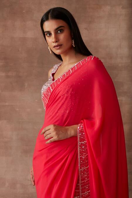 Buy_Neeta Lulla_Red Georgette Mia Sequin Border Saree With Blouse_Online_at_Aza_Fashions