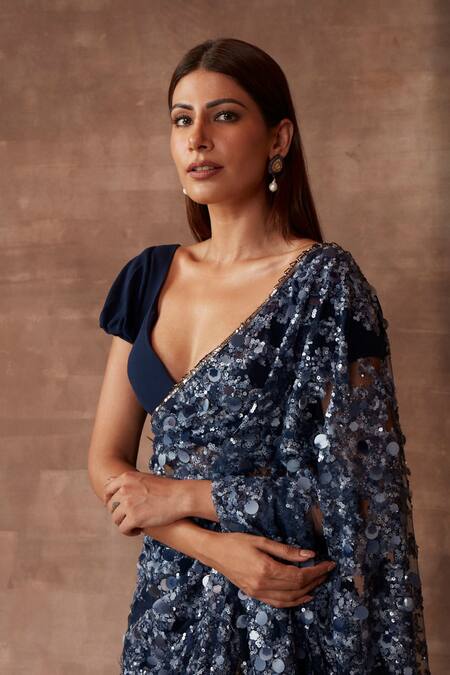 Shop_Neeta Lulla_Blue Tulle Embellished Sequin Sweetheart Neck Cosmos Saree With Blouse_Online_at_Aza_Fashions