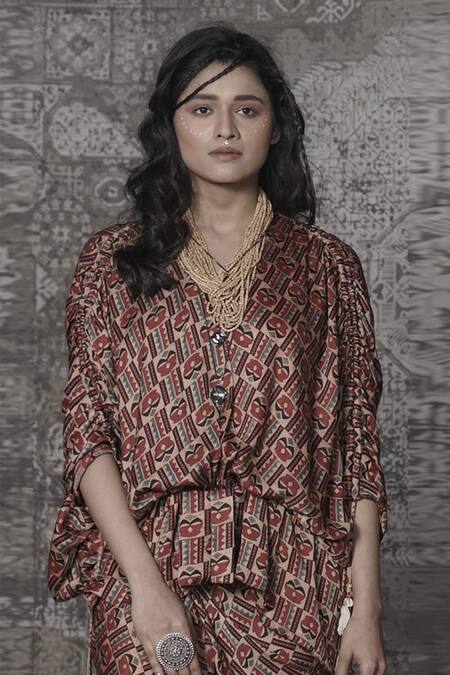 Shop NIDHIKA SHEKHAR Brown Modal V Neck Printed Skirt Set at Aza Fashions Shop_NIDHIKA SHEKHAR_Brown Modal V Neck Printed Skirt Set _at_Aza_Fashions