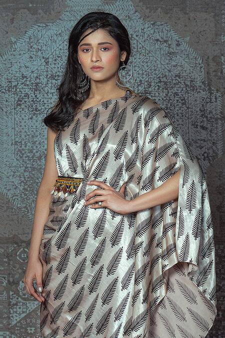 Nidhika Shekhar White Mashru Asymmetric Printed Draped Dress Online at Aza Fashions Nidhika Shekhar_White Mashru Asymmetric Printed Draped Dress _Online_at_Aza_Fashions