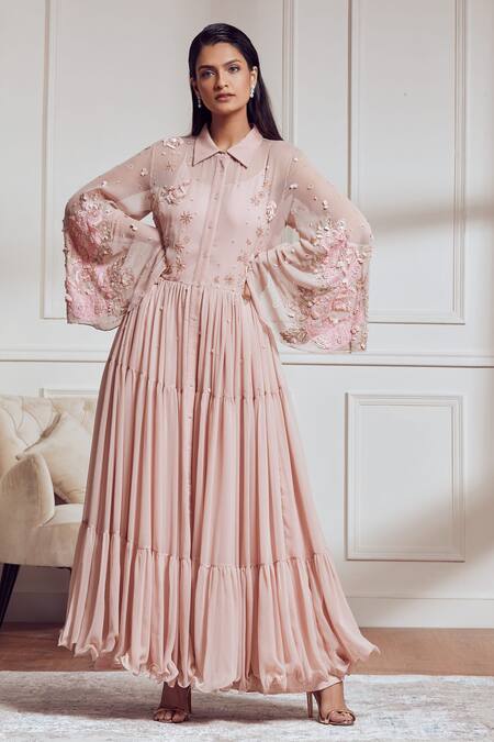 Not So Serious By Pallavi Mohan Pink Chiffon Applique Embroidered Gown  
