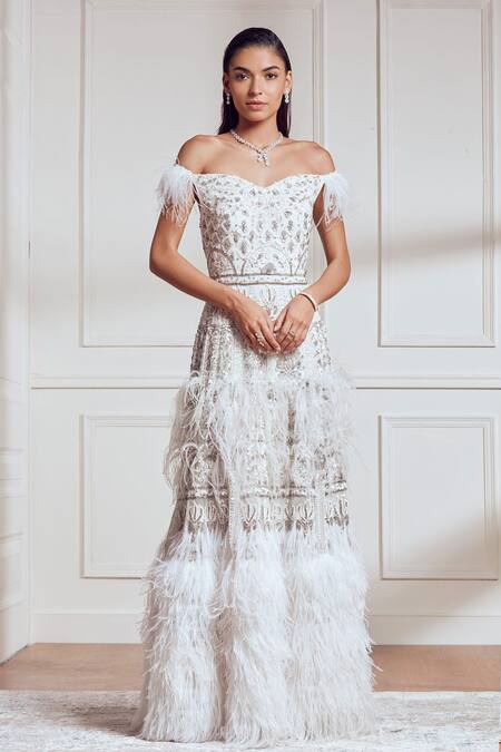 Buy Not So Serious By Pallavi Mohan White Crepe Off Shoulder Applique Embroidered Gown Online at Aza Fashions Buy_Not So Serious By Pallavi Mohan_White Crepe Off Shoulder Applique Embroidered Gown _Online_at_Aza_Fashions
