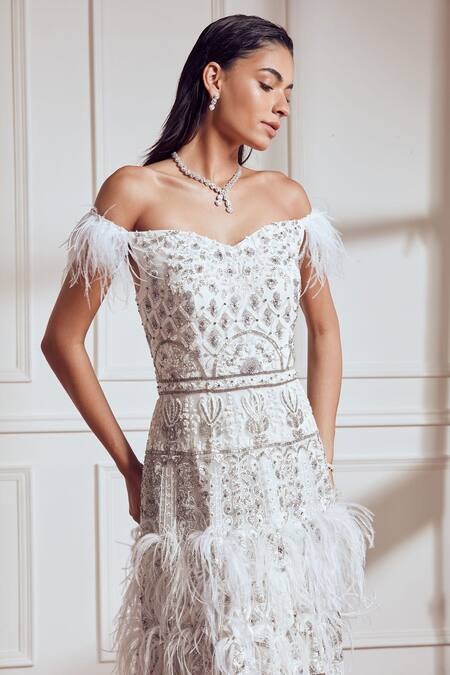 Shop Not So Serious By Pallavi Mohan White Crepe Off Shoulder Applique Embroidered Gown Online at Aza Fashions Shop_Not So Serious By Pallavi Mohan_White Crepe Off Shoulder Applique Embroidered Gown _Online_at_Aza_Fashions