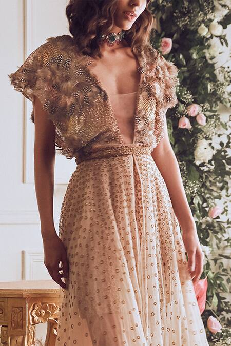 Buy_Not So Serious By Pallavi Mohan_Pink Tulle V Neck Iris Dress And Skirt Set _Online_at_Aza_Fashions