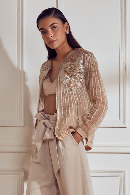 Buy_Not So Serious By Pallavi Mohan_Beige Tulle Embroidered Bomber Jacket With Flared Pant _Online_at_Aza_Fashions