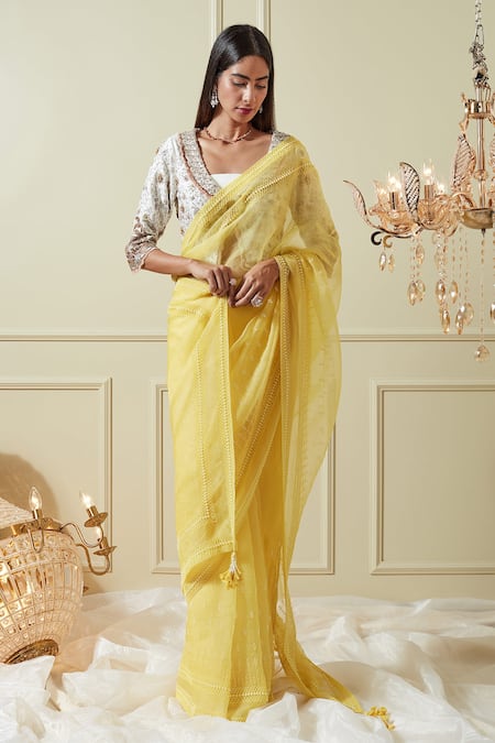 Buy Geroo Jaipur Yellow-White Shaded Hand Painted Floral Chiffon Saree with  Unstitched Blouse online