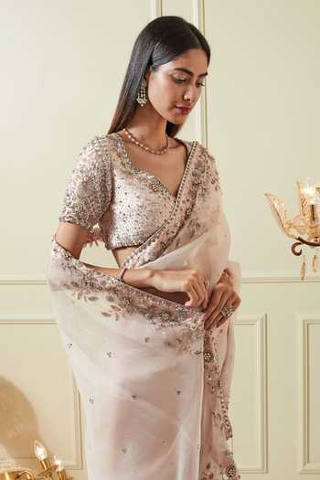 Not So Serious By Pallavi Mohan_Pink Silk Organza Embroidery Leaf Neck Saree With Blouse _Online_at_Aza_Fashions