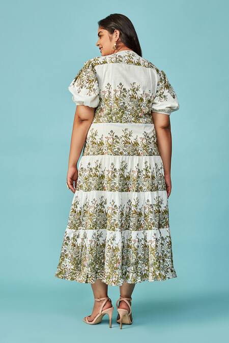 Shop Not So Serious By Pallavi Mohan White Cotton Embroidery Round Amber Overlap Printed Gown at Aza Fashions Shop_Not So Serious By Pallavi Mohan_White Cotton Embroidery Round Amber Overlap Printed Gown _at_Aza_Fashions