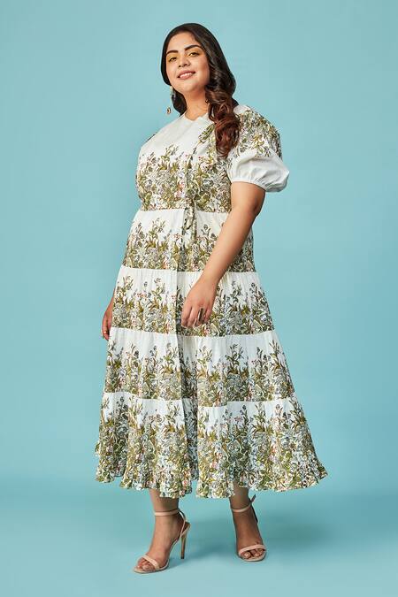 Not So Serious By Pallavi Mohan White Cotton Embroidery Round Amber Overlap Printed Gown Online at Aza Fashions Not So Serious By Pallavi Mohan_White Cotton Embroidery Round Amber Overlap Printed Gown _Online_at_Aza_Fashions