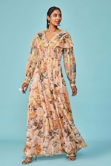Teal Green Viscose Lurex Chiffon Floral Printed Flared Maxi Dress Design by  Shaberry at Pernia's Pop Up Shop 2024