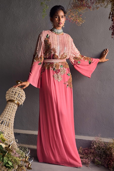 Not So Serious By Pallavi Mohan Pink Georgette Embroidery Boat Gown  