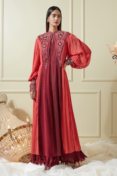 Not So Serious By Pallavi Mohan Red Georgette Embroidery Mandarin Collar Pleated Layered Gown  