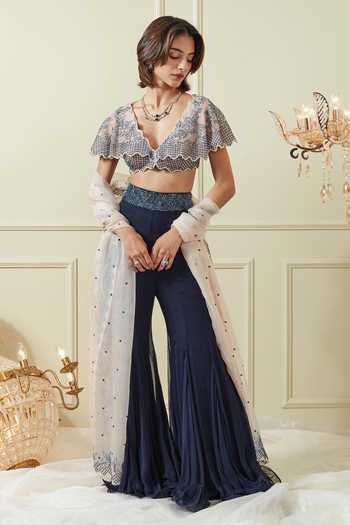 Buy Not So Serious By Pallavi Mohan Blue Silk Organza Embroidery V Neck Blouse And Gharara Set at Aza Fashions Buy_Not So Serious By Pallavi Mohan_Blue Silk Organza Embroidery V Neck Blouse And Gharara Set _at_Aza_Fashions