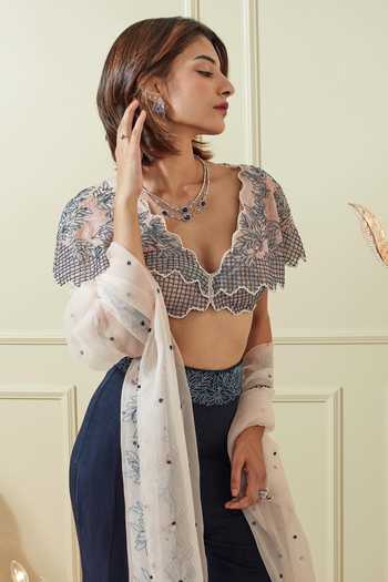 Not So Serious By Pallavi Mohan Blue Silk Organza Embroidery V Neck Blouse And Gharara Set Online at Aza Fashions Not So Serious By Pallavi Mohan_Blue Silk Organza Embroidery V Neck Blouse And Gharara Set _Online_at_Aza_Fashions