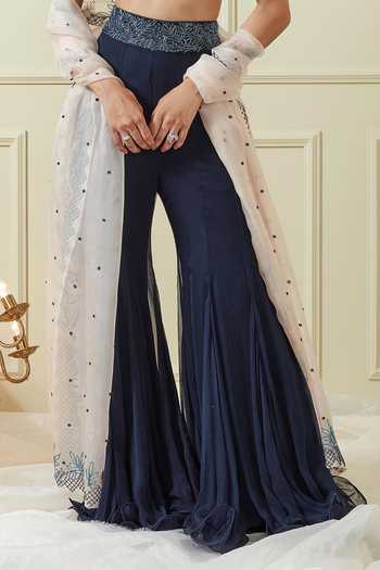 Shop Not So Serious By Pallavi Mohan Blue Silk Organza Embroidery V Neck Blouse And Gharara Set Online at Aza Fashions Shop_Not So Serious By Pallavi Mohan_Blue Silk Organza Embroidery V Neck Blouse And Gharara Set _Online_at_Aza_Fashions