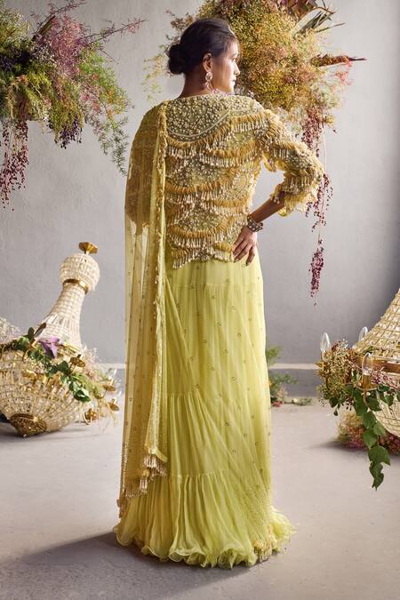 Shop Not So Serious By Pallavi Mohan Yellow Chiffon Embroidery Jacket Round Pre-draped Saree With Blouse at Aza Fashions Shop_Not So Serious By Pallavi Mohan_Yellow Chiffon Embroidery Jacket Round Pre-draped Saree With Blouse _at_Aza_Fashions