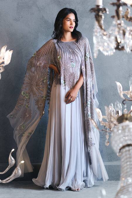 Not So Serious By Pallavi Mohan Grey Chiffon Embroidery Boat Cape Gown Online at Aza Fashions Not So Serious By Pallavi Mohan_Grey Chiffon Embroidery Boat Cape Gown _Online_at_Aza_Fashions