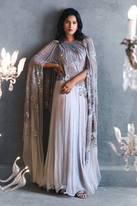 Buy Not So Serious By Pallavi Mohan Grey Chiffon Embroidery Boat Cape Gown Online at Aza Fashions Buy_Not So Serious By Pallavi Mohan_Grey Chiffon Embroidery Boat Cape Gown _Online_at_Aza_Fashions