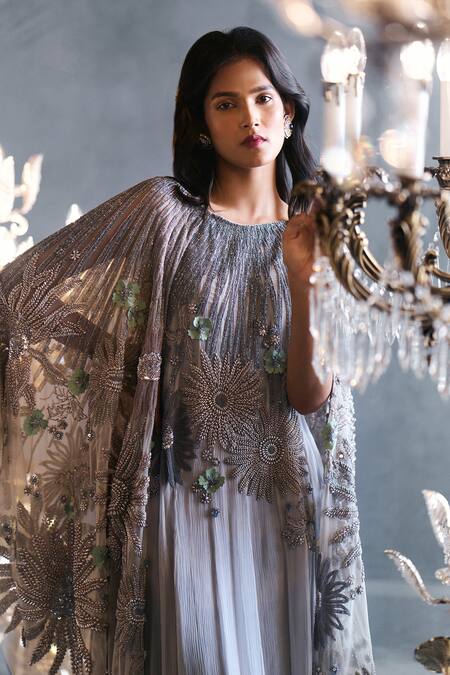 Shop Not So Serious By Pallavi Mohan Grey Chiffon Embroidery Boat Cape Gown Online at Aza Fashions Shop_Not So Serious By Pallavi Mohan_Grey Chiffon Embroidery Boat Cape Gown _Online_at_Aza_Fashions