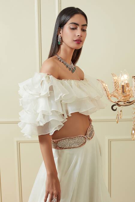 Not So Serious By Pallavi Mohan_White Organza Embroidery One Shoulder Off Blouse And Lehenga Set_Online_at_Aza_Fashions