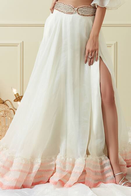 Buy_Not So Serious By Pallavi Mohan_White Organza Embroidery One Shoulder Off Blouse And Lehenga Set_Online_at_Aza_Fashions