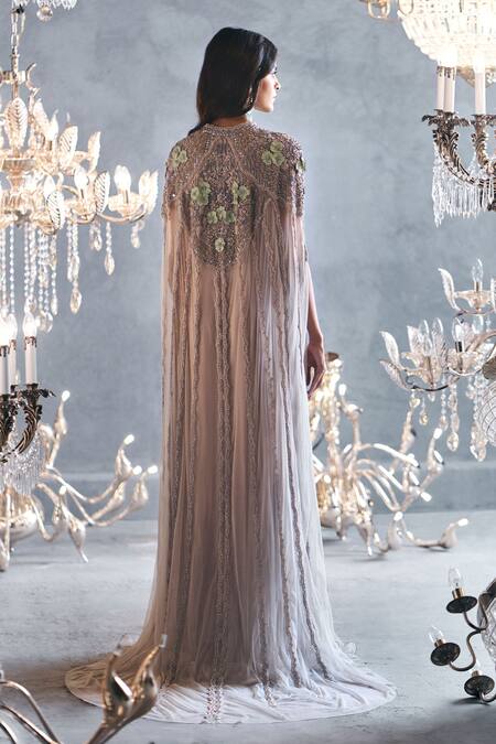 Shop Not So Serious By Pallavi Mohan Grey Chiffon Embroidery Mandarin Collar Cape Gown at Aza Fashions Shop_Not So Serious By Pallavi Mohan_Grey Chiffon Embroidery Mandarin Collar Cape Gown _at_Aza_Fashions