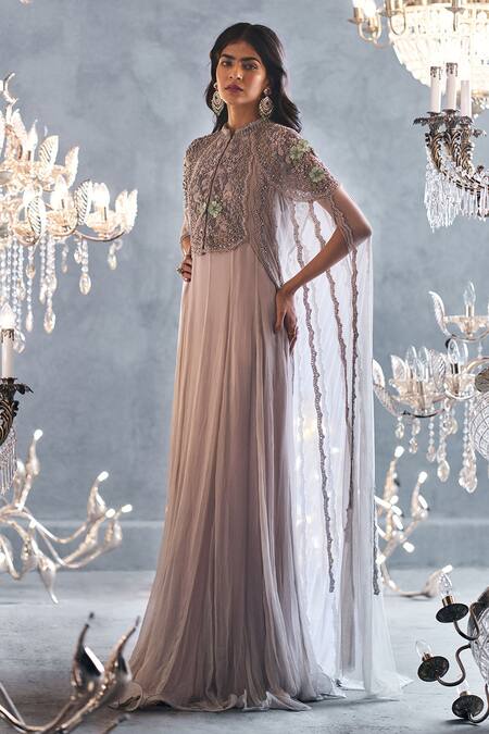 Not So Serious By Pallavi Mohan Grey Chiffon Embroidery Mandarin Collar Cape Gown Online at Aza Fashions Not So Serious By Pallavi Mohan_Grey Chiffon Embroidery Mandarin Collar Cape Gown _Online_at_Aza_Fashions