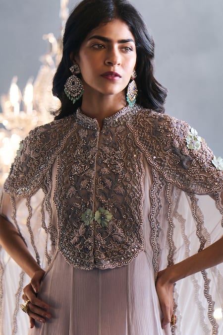 Buy Not So Serious By Pallavi Mohan Grey Chiffon Embroidery Mandarin Collar Cape Gown Online at Aza Fashions Buy_Not So Serious By Pallavi Mohan_Grey Chiffon Embroidery Mandarin Collar Cape Gown _Online_at_Aza_Fashions