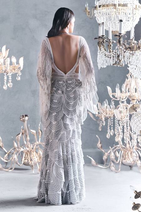 Shop_Not So Serious By Pallavi Mohan_White Tulle Embroidery V Neck Applique Gown _at_Aza_Fashions