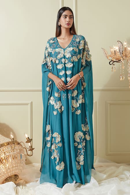 Not So Serious By Pallavi Mohan - Blue Georgette Embroidery V Neck Kaftan  Dress For Women