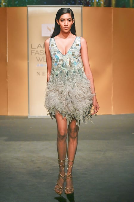 Not So Serious By Pallavi Mohan Blue Tulle Embroidered Bugle Beads Plunge V Neck Mod Flapper Dress  