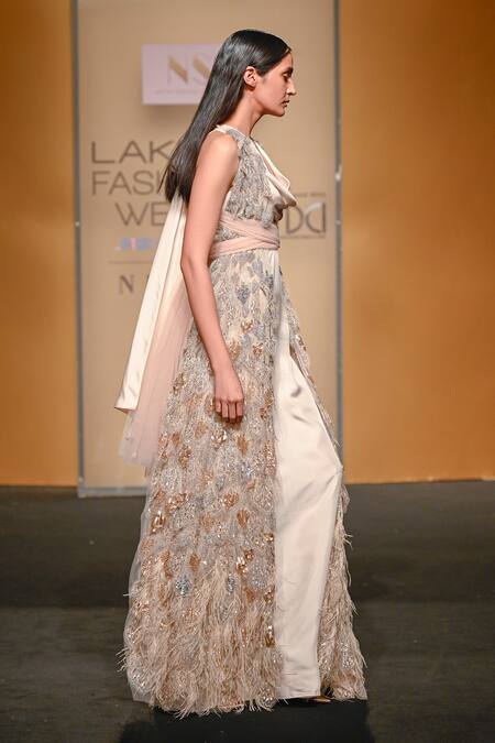 Shop_Not So Serious By Pallavi Mohan_Ivory Gown Silk Satin Twill Embroidered Bugle Beads Monet With Cape  _at_Aza_Fashions