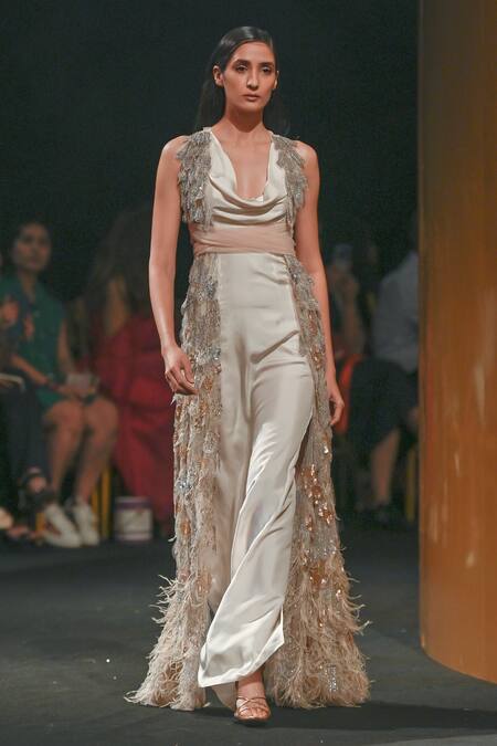 Buy_Not So Serious By Pallavi Mohan_Ivory Gown Silk Satin Twill Embroidered Bugle Beads Monet With Cape  _Online_at_Aza_Fashions
