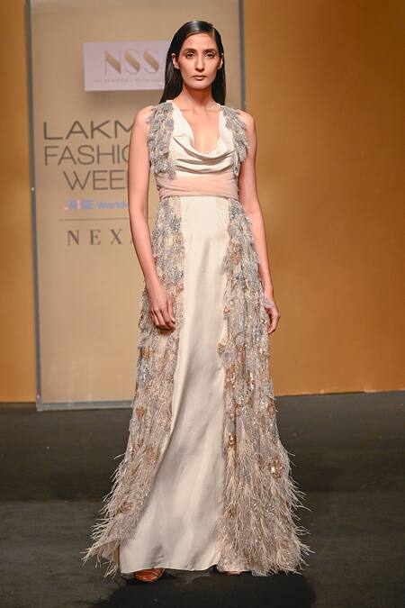 Shop_Not So Serious By Pallavi Mohan_Ivory Gown Silk Satin Twill Embroidered Bugle Beads Monet With Cape  _Online_at_Aza_Fashions