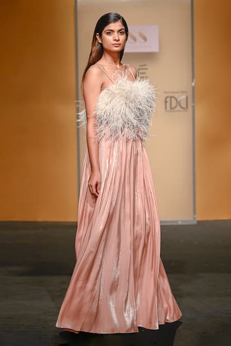Not So Serious By Pallavi Mohan_Ivory Gown Satin And Knit Embroidered Feather Trims & Faux Lithe With  _Online_at_Aza_Fashions