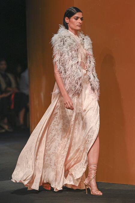 Not So Serious By Pallavi Mohan_Pink Gown Viscose Jacquard And Crepe Floret With Boa Jacket _Online_at_Aza_Fashions