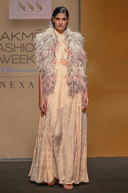 Buy_Not So Serious By Pallavi Mohan_Pink Gown Viscose Jacquard And Crepe Floret With Boa Jacket _Online_at_Aza_Fashions